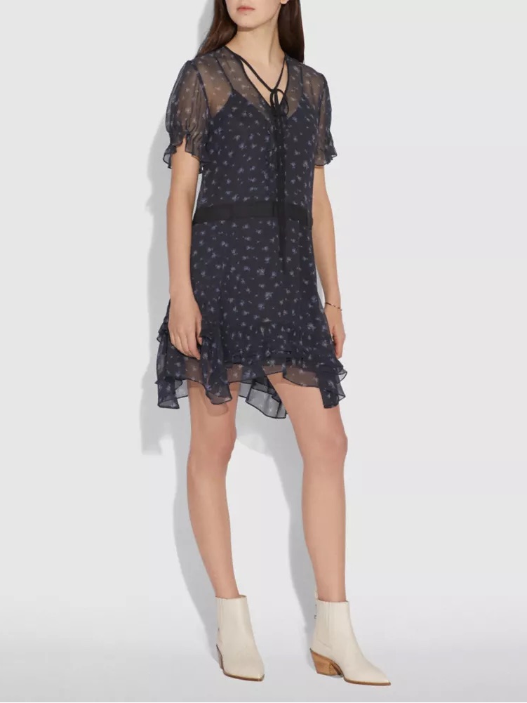 Coach Navy Floral Tie-Front Ruffle Mini Dress